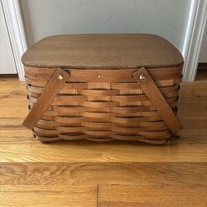 Vtg Ashwood Woven Picnic Basket with Flat Wood Lid & Stand Cottagecore Farmhouse